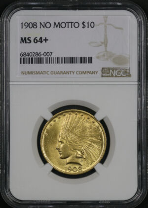 Obverse of this 1908 No Indian $10 Motto NGC MS-64+