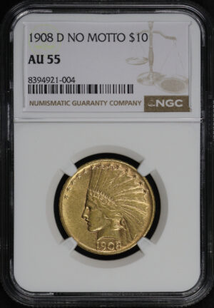 Obverse of this 1908-D Indian $10 No Motto NGC AU-55