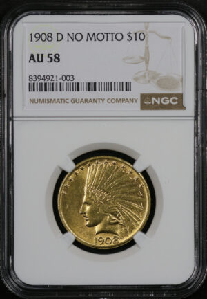 Obverse of this 1908-D D No Indian $10 Motto NGC AU-58