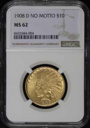 Obverse of this 1908-D Indian $10 No Motto NGC MS-62
