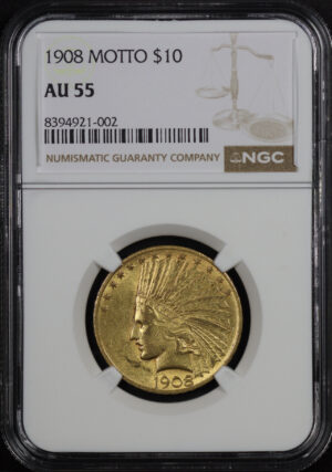 Obverse of this 1908 Indian $10 Motto NGC AU-55