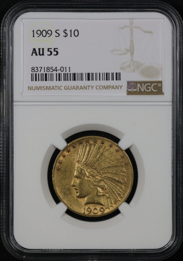 Obverse of this 1909-S Indian $10 Motto NGC AU-55