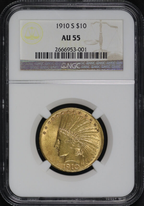 Obverse of this 1910-S Indian $10 Motto NGC AU-55