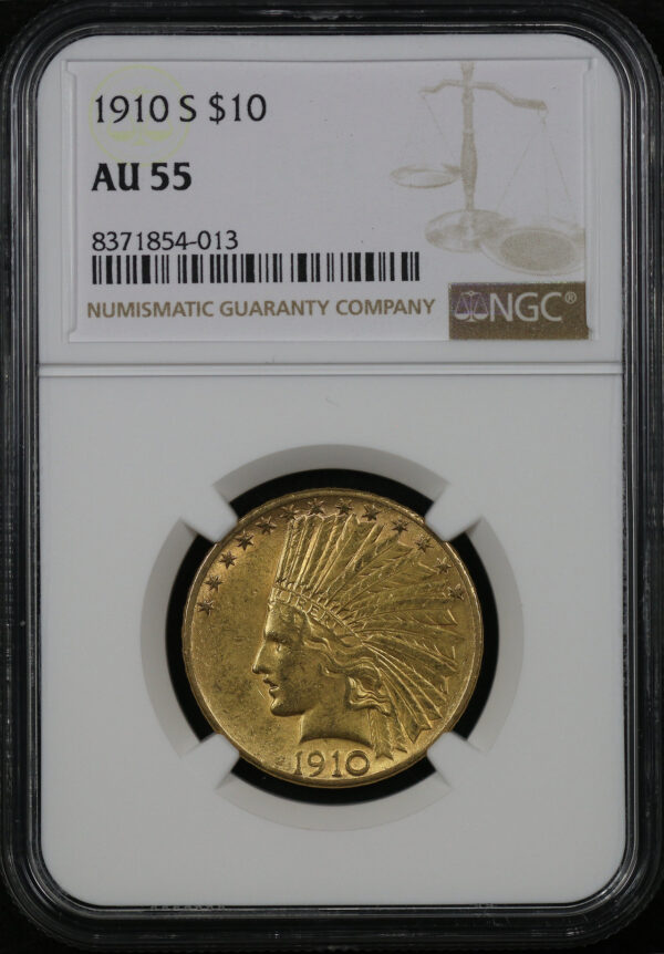 Obverse of this 1910-S Indian $10 Motto NGC AU-55