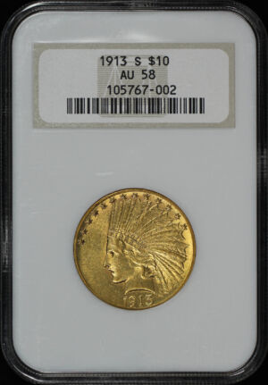 Obverse of this 1913-S Indian $10 Motto NGC AU-58 Old Fatty Holder