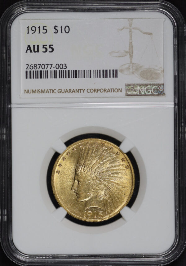 Obverse of this 1915 Indian $10 Motto NGC AU-55
