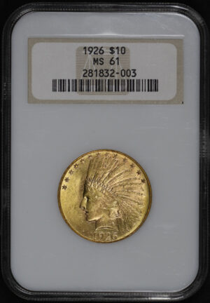 Obverse of this 1926 Indian $10 Motto NGC MS-61 Old Fatty Holder, Near-Full Hologram