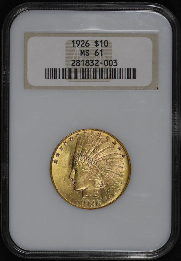 Obverse of this 1926 Indian $10 Motto NGC MS-61 Old Fatty Holder, Near-Full Hologram