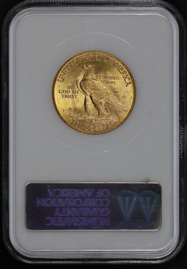 Reverse of this 1926 Indian $10 Motto NGC MS-61 Old Fatty Holder, Near-Full Hologram