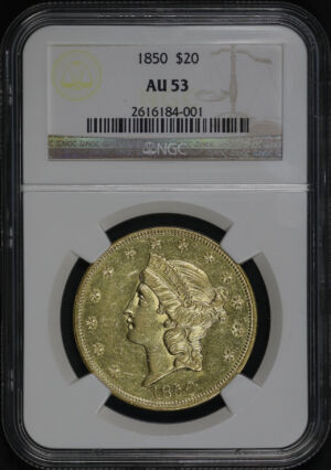 Obverse of this 1850 Liberty Head $20 Type 1 NGC AU-53