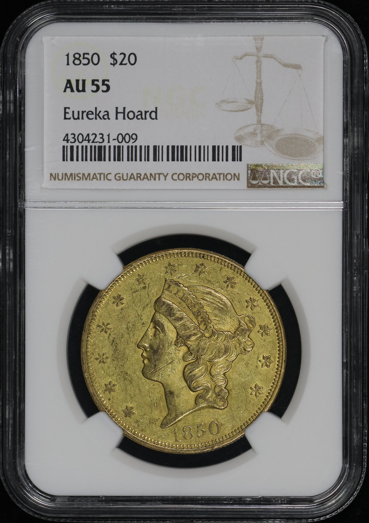 Obverse of this 1850 Liberty Head $20 Type 1 NGC AU-55 Eureka Hoard