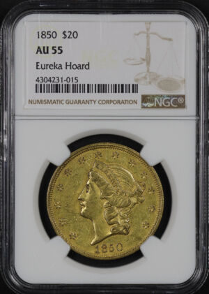 Obverse of this 1850 Liberty Head $20 Type 1 NGC AU-55 Eureka Hoard