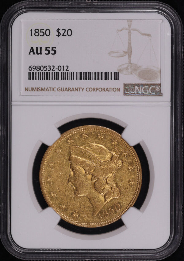 Obverse of this 1850 Liberty Head $20 Type 1 NGC AU-55