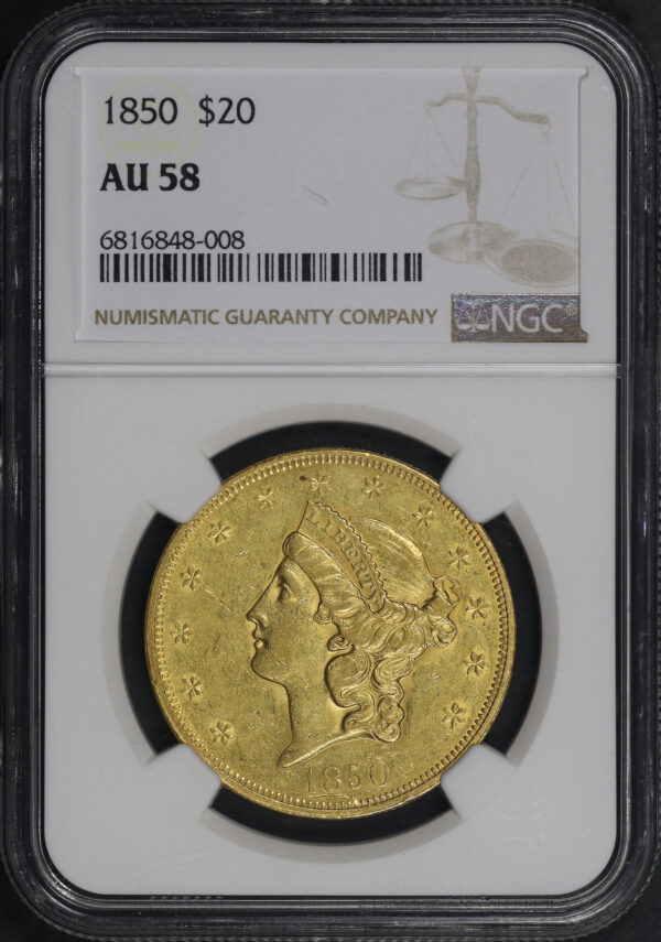 Obverse of this 1850 Liberty Head $20 Type 1 NGC AU-58