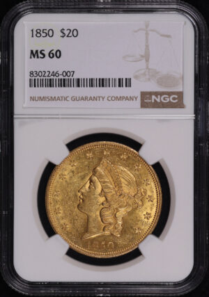 Obverse of this 1850 Liberty Head $20 Type 1 NGC MS-60