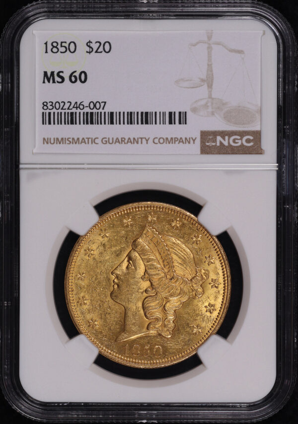 Obverse of this 1850 Liberty Head $20 Type 1 NGC MS-60