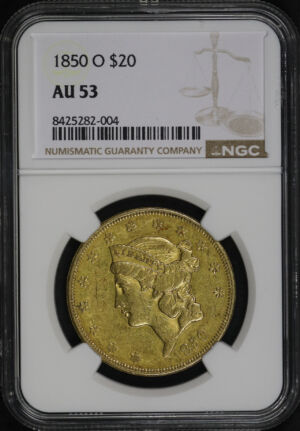 Obverse of this 1850-O Liberty Head $20 Type 1 NGC AU-53