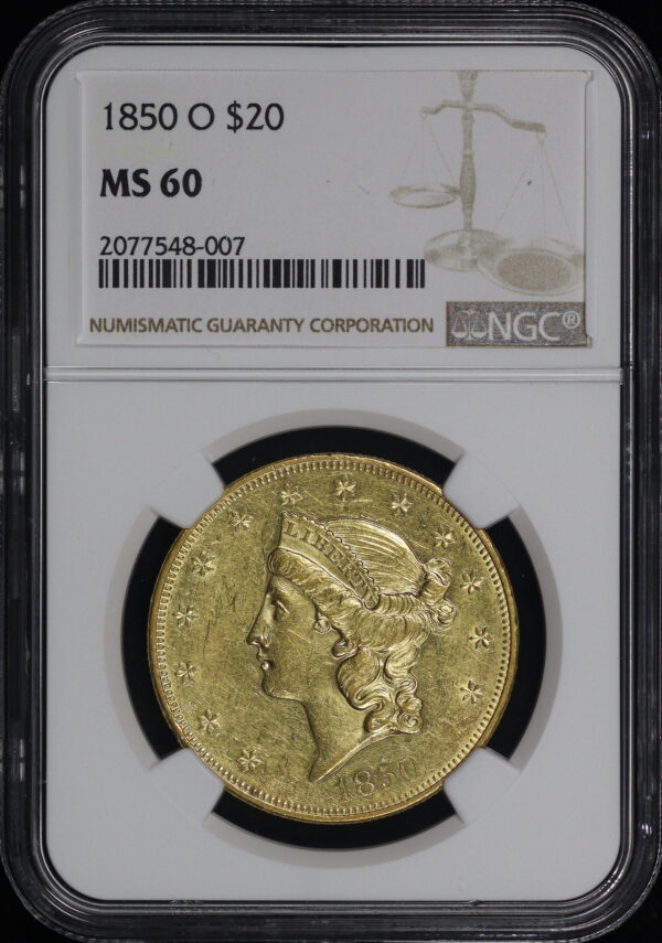 Obverse of this 1850-O Liberty Head $20 Type 1 NGC MS-60