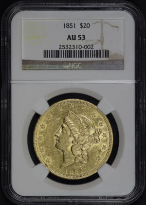 Obverse of this 1851 Liberty Head $20 Type 1 NGC AU-53
