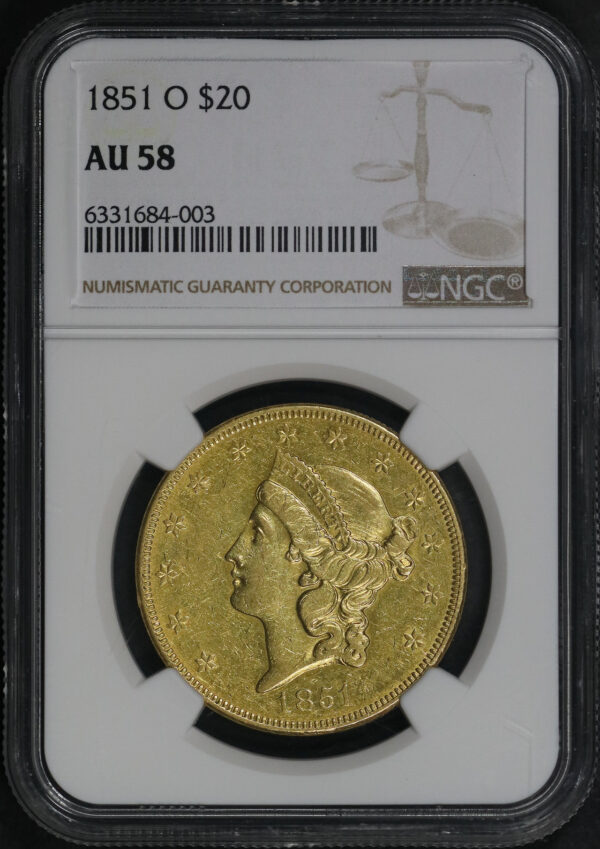 Obverse of this 1851-O Liberty Head $20 Type 1 NGC AU-58