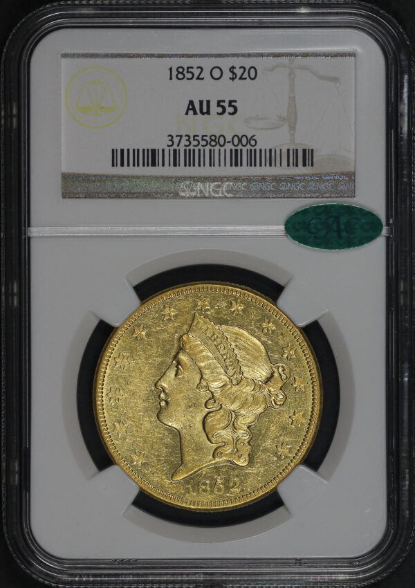Obverse of this 1852-O Liberty Head $20 Type 1 NGC AU-55 CAC