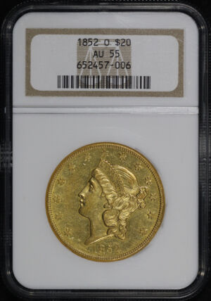 Obverse of this 1852-O Liberty Head $20 Type 1 NGC AU-55