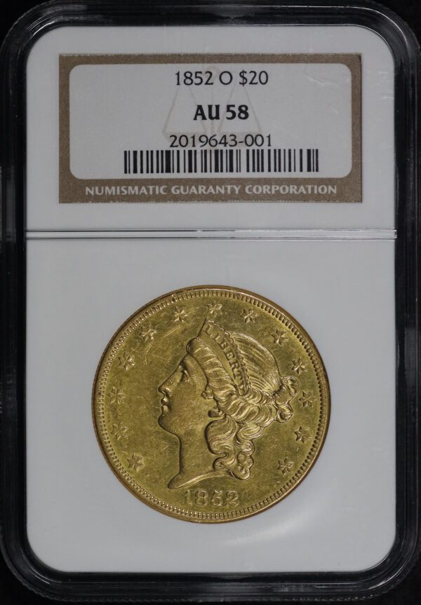 Obverse of this 1852-O Liberty Head $20 Type 1 NGC AU-58