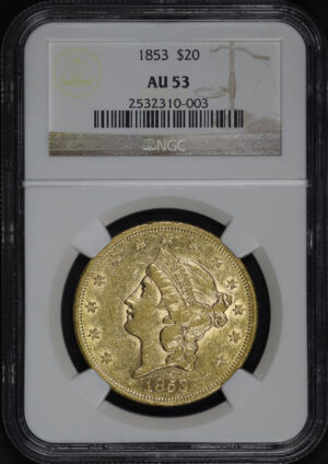 Obverse of this 1853 Liberty Head $20 Type 1 NGC AU-53