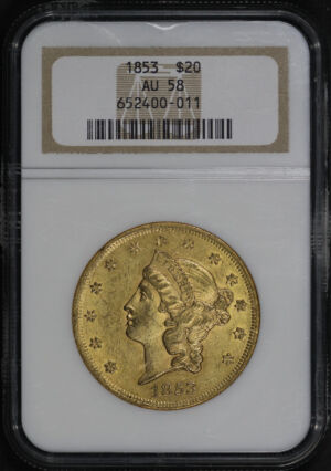 Obverse of this 1853 Liberty Head $20 Type 1 NGC AU-58