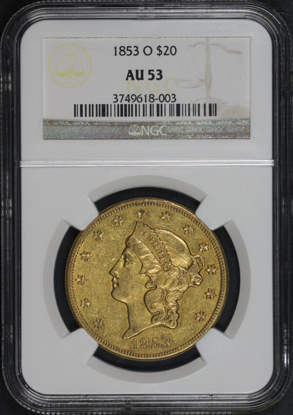Obverse of this 1853-O Liberty Head $20 Type 1 NGC AU-53