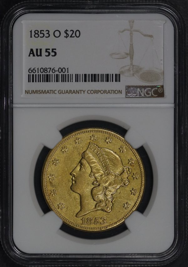 Obverse of this 1853-O Liberty Head $20 Type 1 NGC AU-55