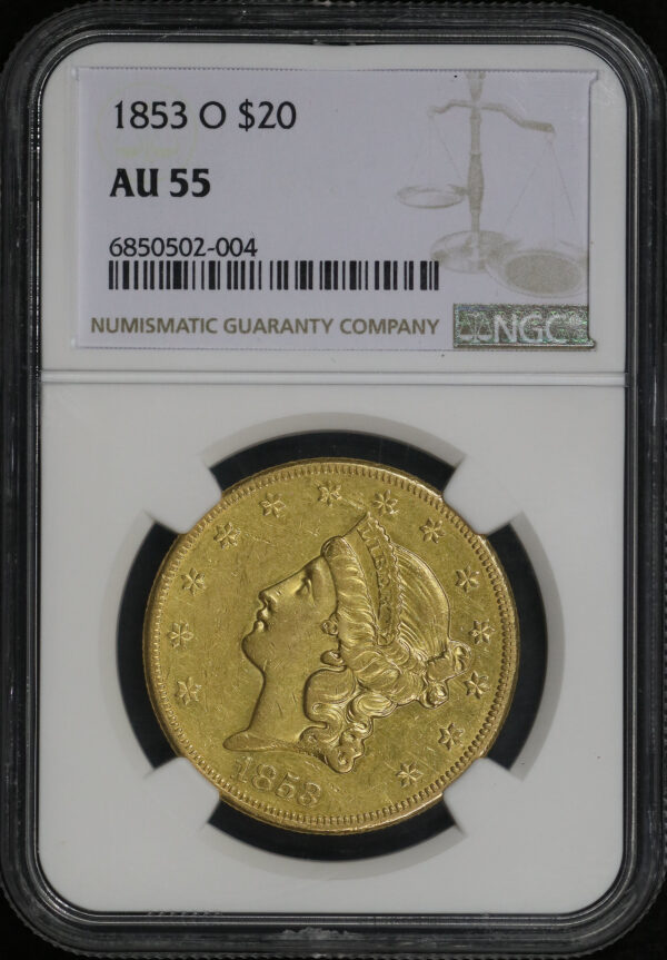 Obverse of this 1853-O Liberty Head $20 Type 1 NGC AU-55