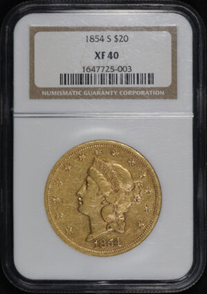 Obverse of this 1854-S Liberty Head $20 Type 1 NGC XF-40