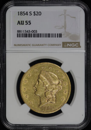 Obverse of this 1854-S Liberty Head $20 Type 1 NGC AU-55