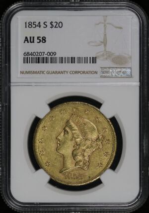 Obverse of this 1854-S Liberty Head $20 Type 1 Closed A NGC AU-58