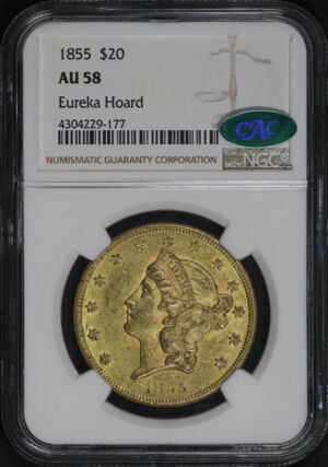 Obverse of this 1855 Liberty Head $20 Type 1 NGC AU-58 CAC Eureka Hoard