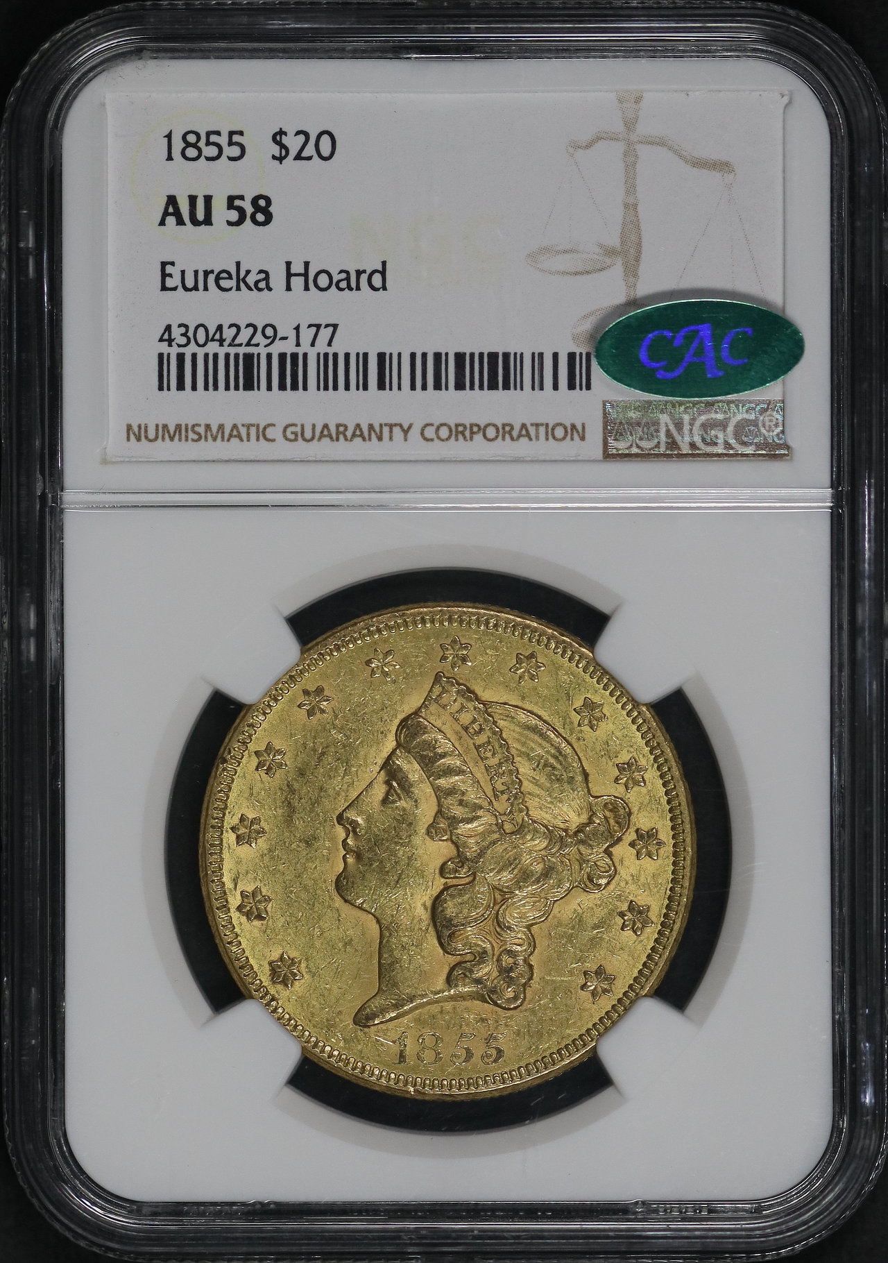 Obverse of this 1855 Liberty Head $20 Type 1 NGC AU-58 CAC Eureka Hoard