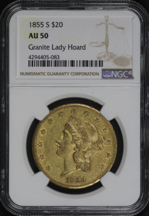Obverse of this 1855-S Liberty Head $20 Type 1 NGC AU-50 Granite Lady Hoard