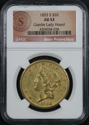 Obverse of this 1855-S Liberty Head $20 Type 1 NGC AU-53 Granite Lady Hoard