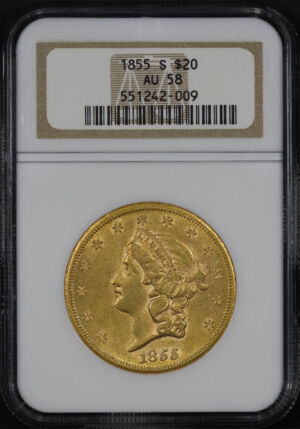 Obverse of this 1855-S Liberty Head $20 Type 1 NGC AU-58