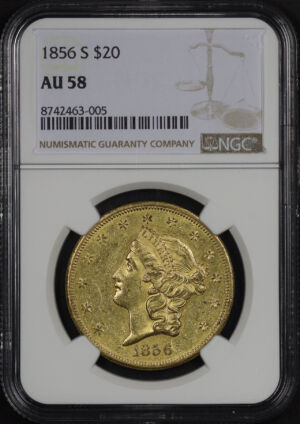 Obverse of this 1856-S Liberty Head $20 Type 1 NGC AU-58