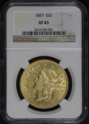 Obverse of this 1857 Liberty Head $20 Type 1 NGC XF-45