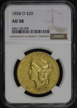 Obverse of this 1858-O Liberty Head $20 Type 1 NGC AU-58