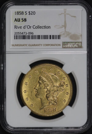 Obverse of this 1858-S Liberty Head $20 Type 1 NGC AU-58 Rive d’Or Collection