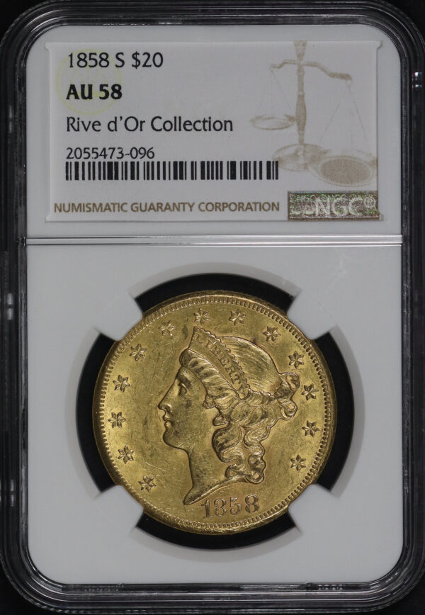 Obverse of this 1858-S Liberty Head $20 Type 1 NGC AU-58 Rive d’Or Collection