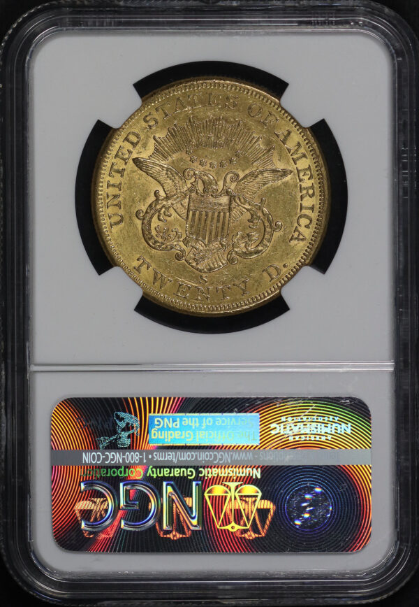 Reverse of this 1858-S Liberty Head $20 Type 1 NGC AU-58 Rive d’Or Collection