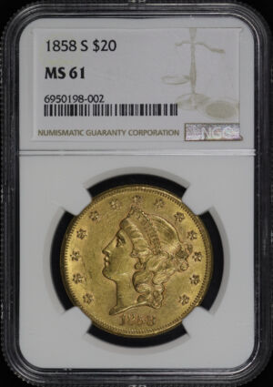 Obverse of this 1858-S Liberty Head $20 Type 1 NGC MS-61