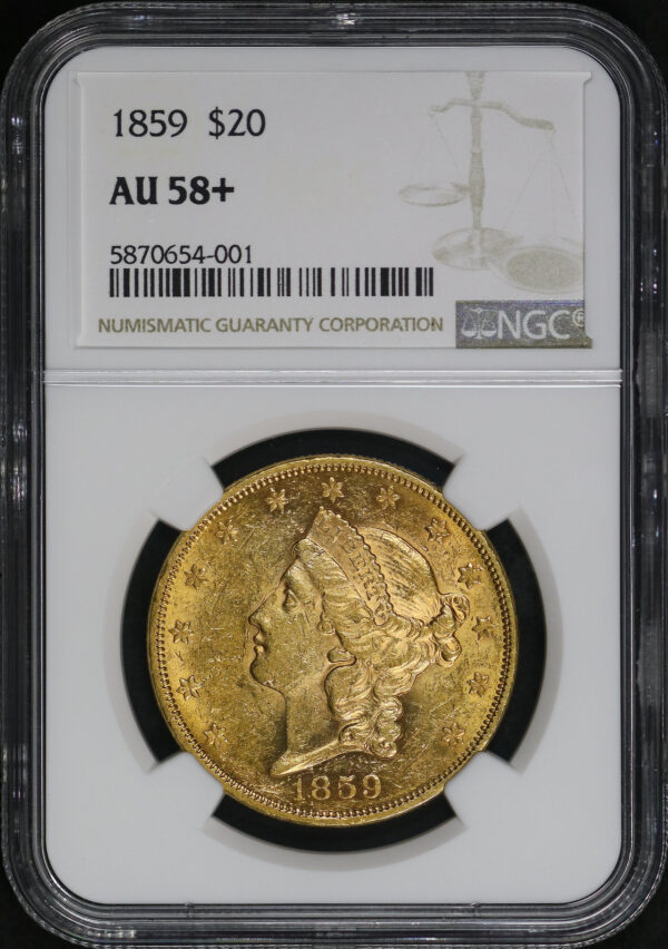 Obverse of this 1859 Liberty Head $20 Type 1 NGC AU-58+