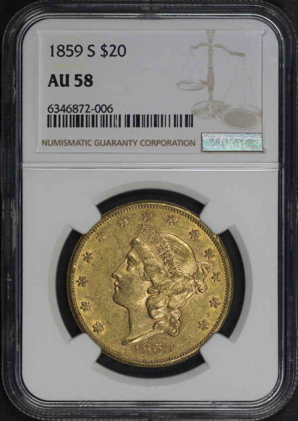 Obverse of this 1859-S Liberty Head $20 Type 1 NGC AU-58