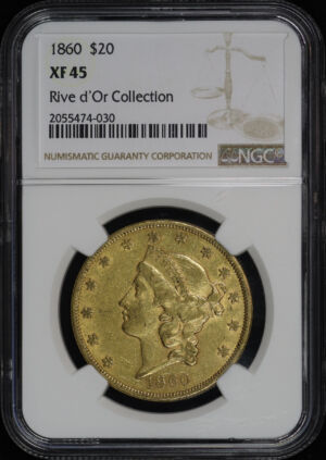 Obverse of this 1860 Liberty Head $20 Type 1 NGC XF-45 Rive d’Or Collection
